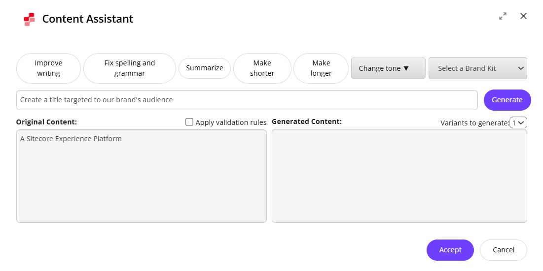 Select a brand kit from the drop-down list before entering a custom prompt.