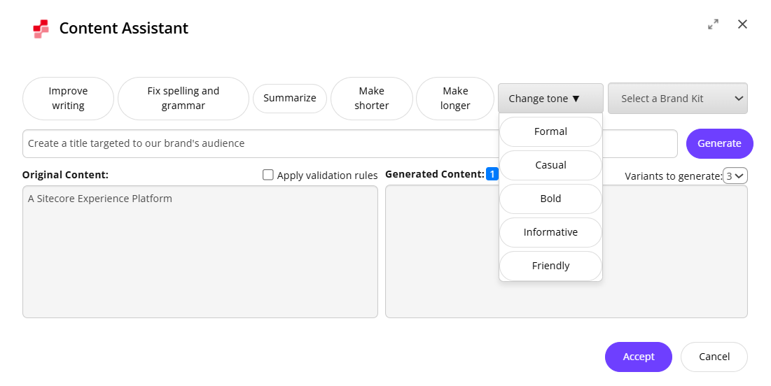Generate up to five variants simultaneously using a predefined prompt.