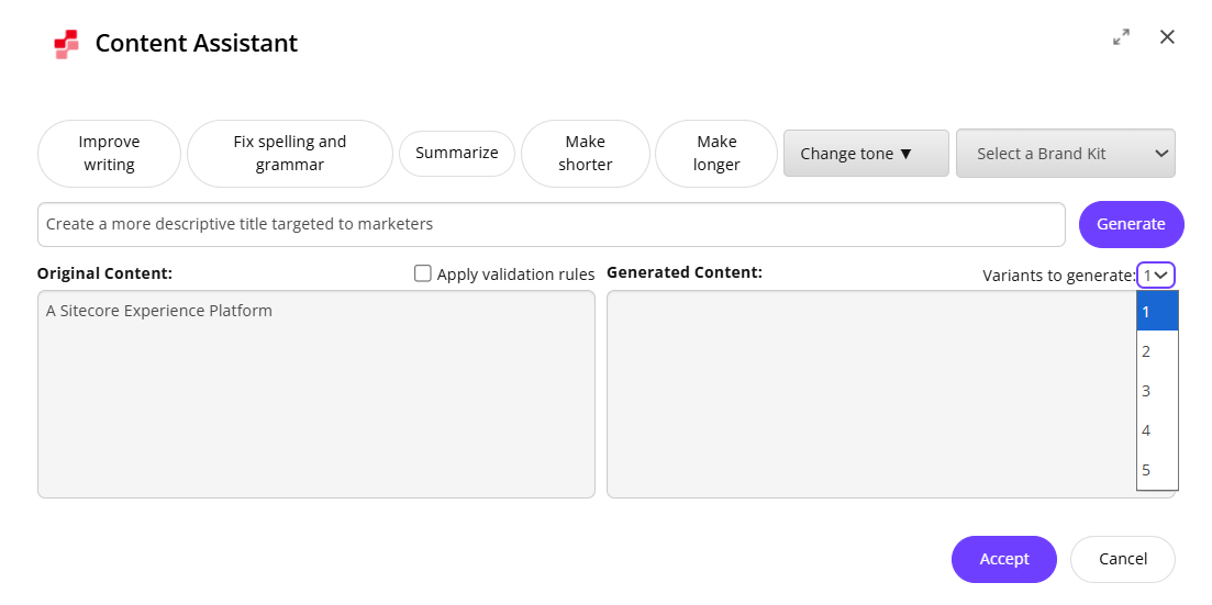 Generate up to five variants simultaneously using a custom prompt.