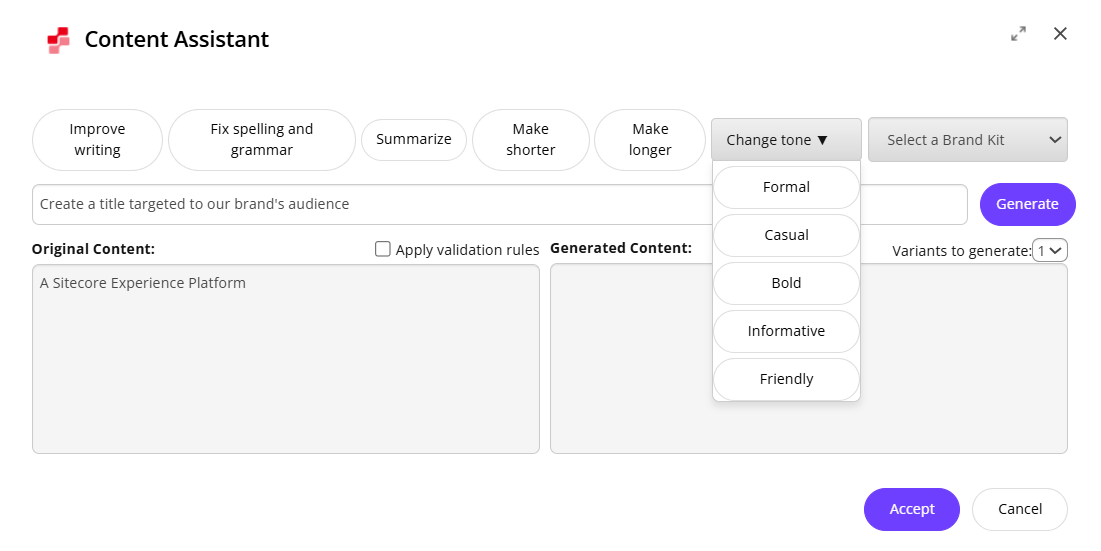 Select a brand kit from the drop-down list before choosing a predefined prompt.