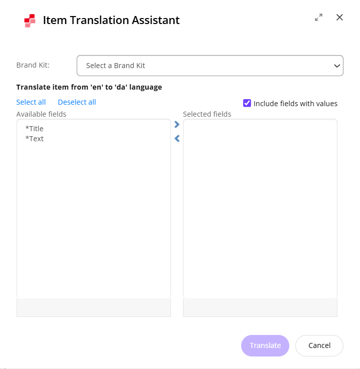 Select all fields or specific fields of the item to translate. Fields with values are marked with an asterisk (*).