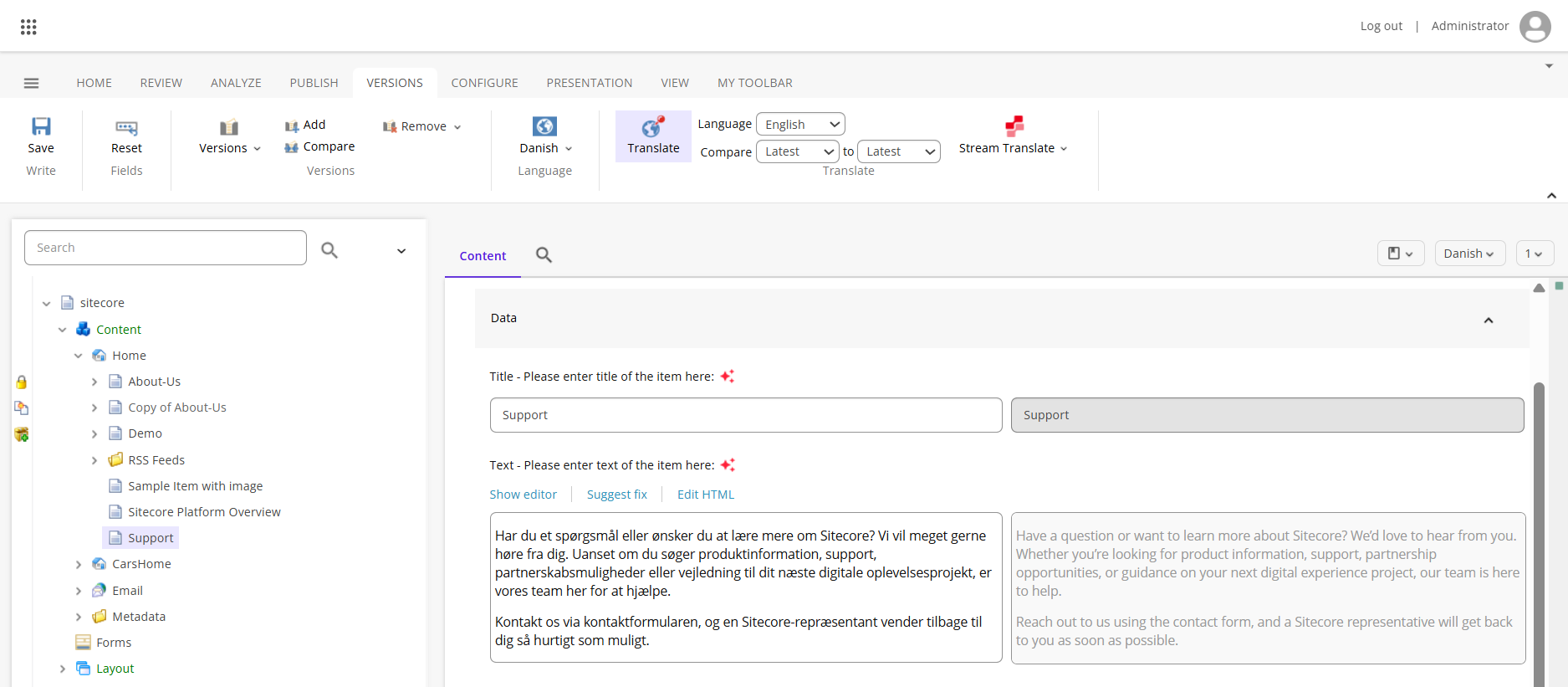 Review and compare language versions in the Content Editor by clicking Translate.