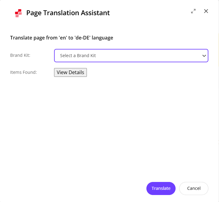Click Translate to translate all items found on the page.