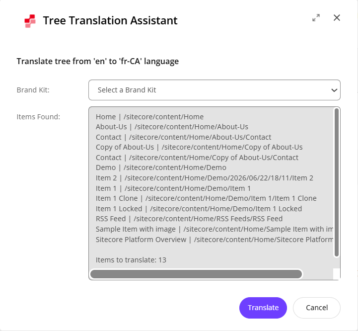 Click Translate to translate all items found in the tree.