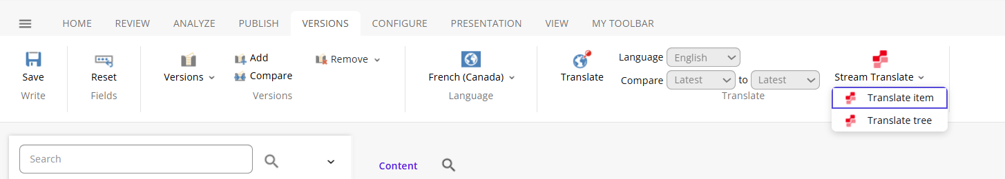 On the Versions tab ribbon, click Stream Translate then select Translate tree.