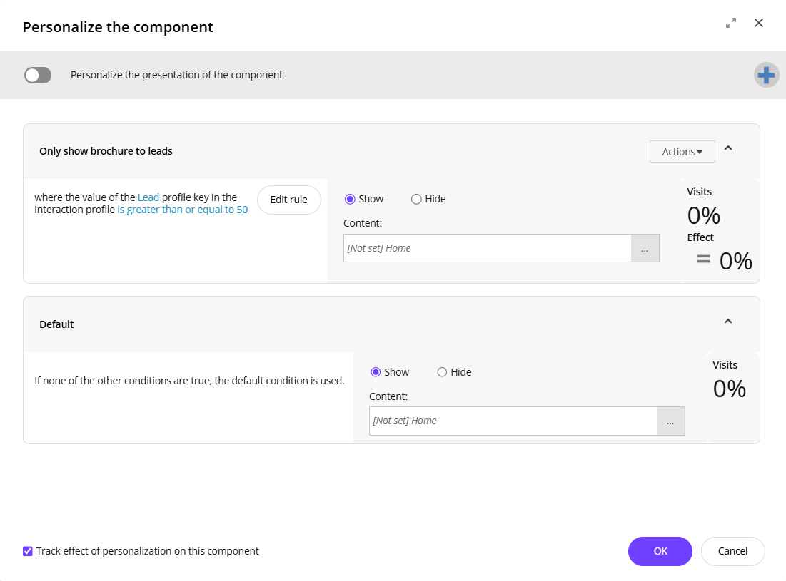 The View and Effect KPIs in the Personalize the component dialog box The View and Effect KPIs in the Personalize the component dialog box