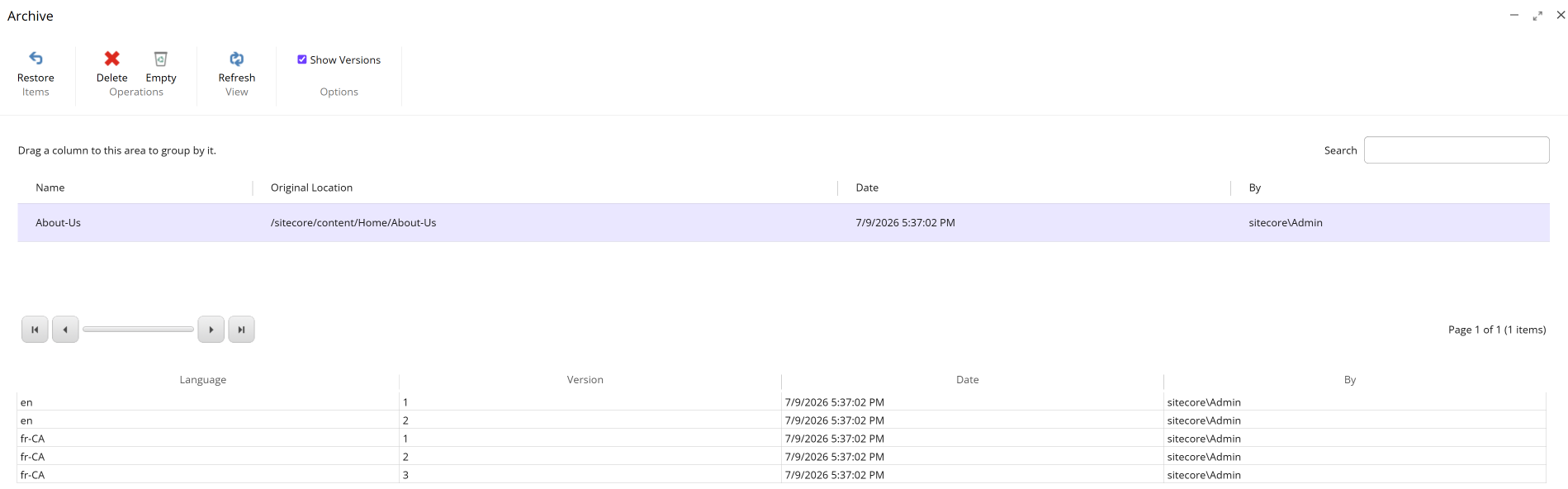 The Archive dialog with Show Versions selected