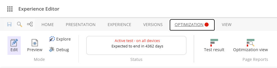 A red dot on the Optimization tab in the Experience Editor ribbon indicates there is an active test A red dot on the Optimization tab in the Experience Editor ribbon indicates there is an active test