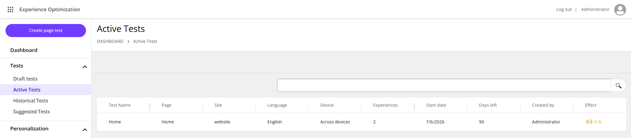Click Active Tests to view the list of active tests Click Active Tests to view the list of active tests