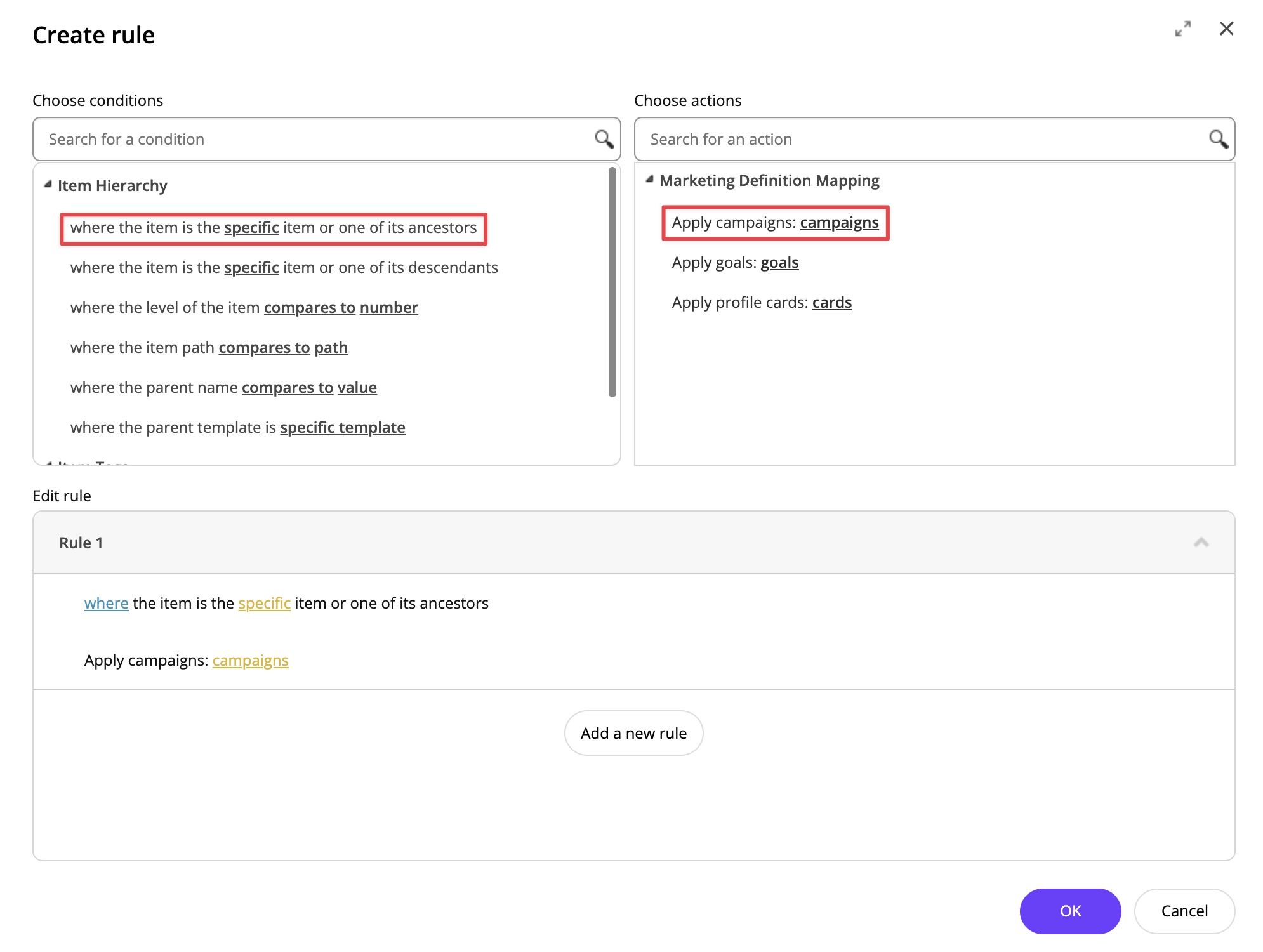Defining a rule that associates an item with campaigns