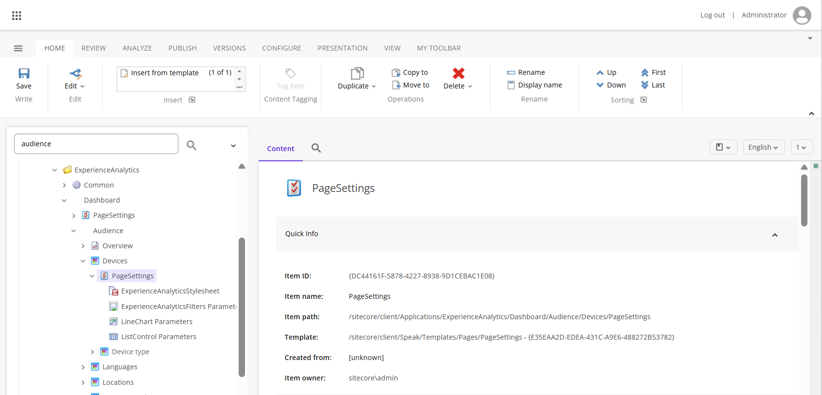 Expand PageSettings item to view subitems Expand PageSettings item to view subitems