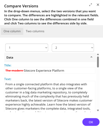 Compare Versions dialog with two columns