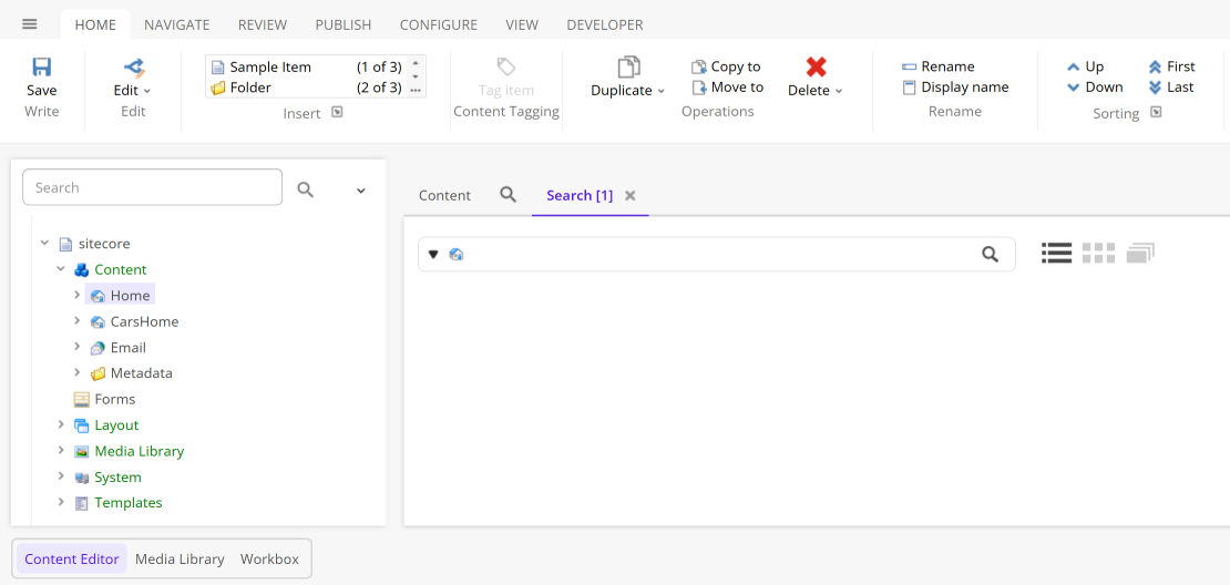 The Search tab for an item in the Content Editor. The Search tab for an item in the Content Editor.