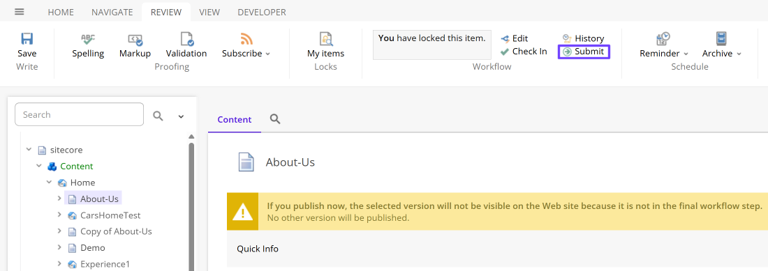 The Submit button on the Review tab The Submit button on the Review tab
