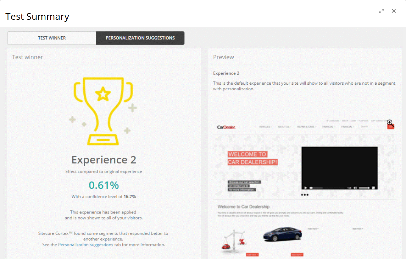 The Test winner tab in the Test Summary dialog box The Test winner tab in the Test Summary dialog box