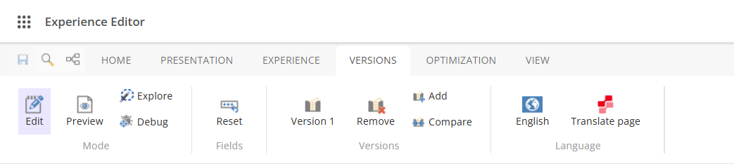 The language version button on the Experience Editor ribbon