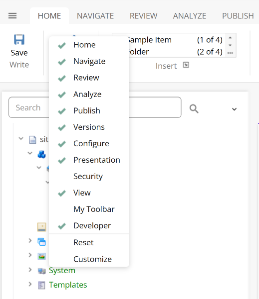 Select tabs to display in the ribbon Select tabs to display in the ribbon