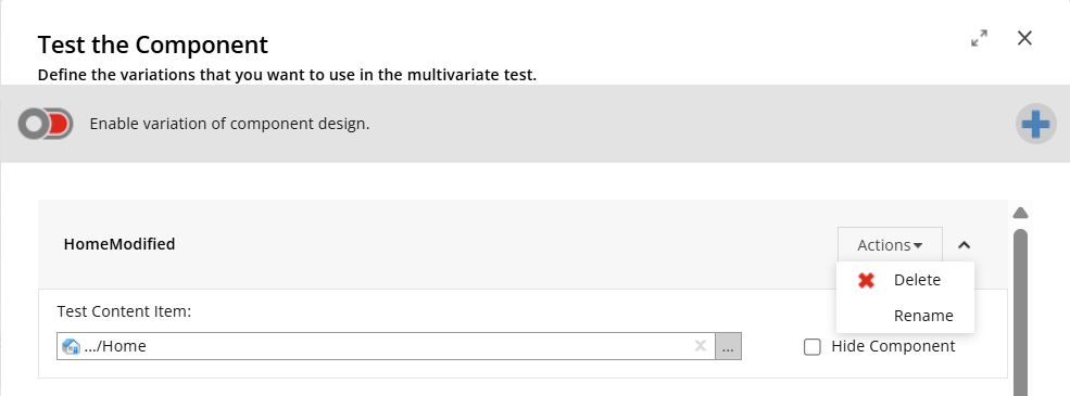 The Actions menu for a variant in the Test the Component dialog box