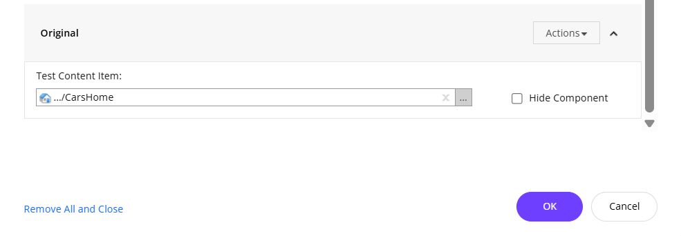The Remove All and Close link in the Test the component dialog box