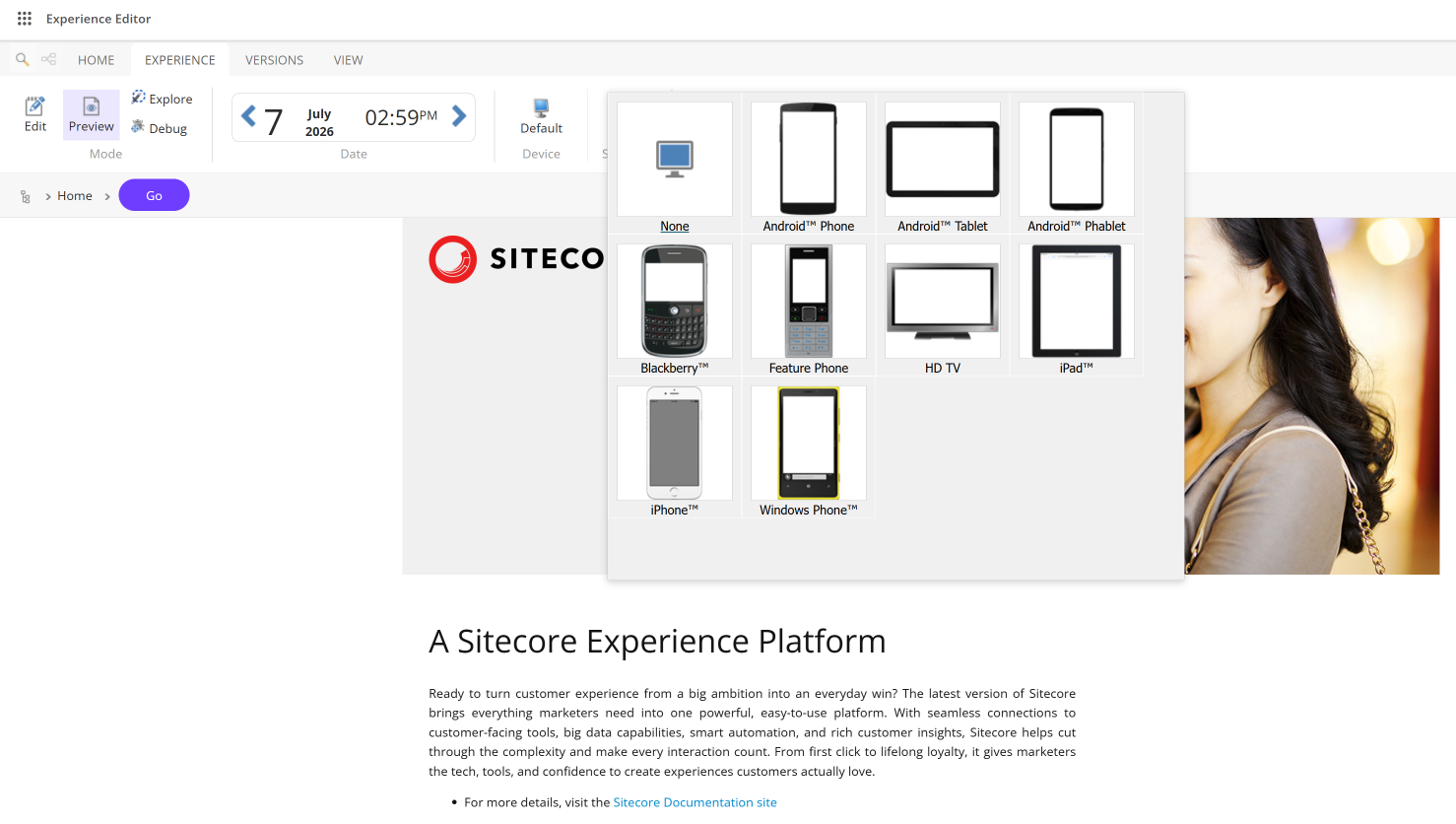 The device selector in the Simulator group