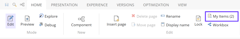 My Items on the Home tab in Experience Editor