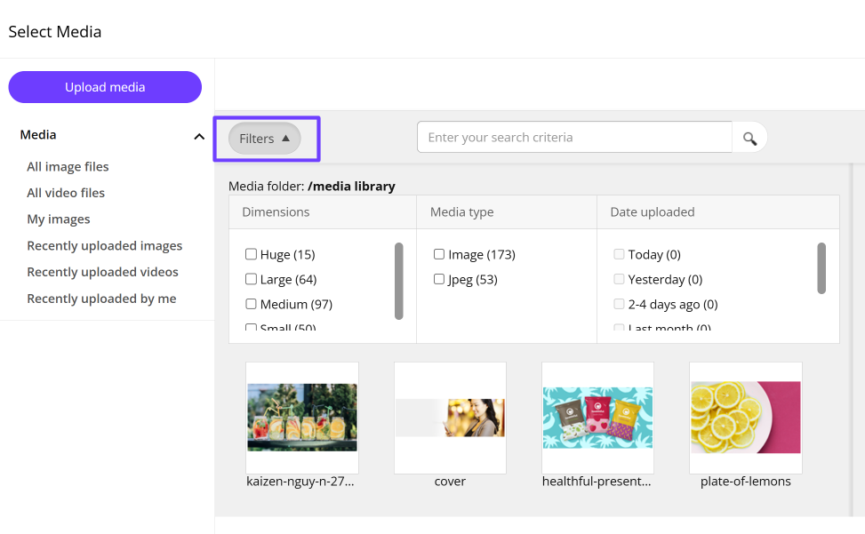 Filter options in the Select Media dialog Filter options in the Select Media dialog