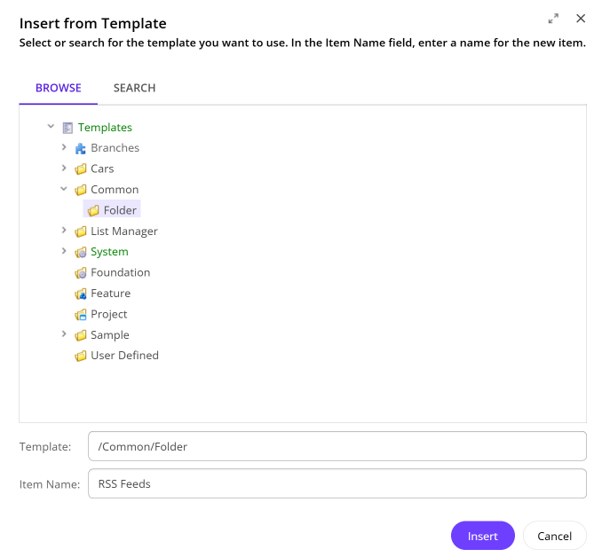 The Insert from Template dialog box with Folder selected