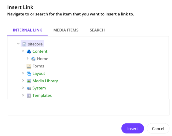 The Insert Link dialog that opens from the Rich text editor