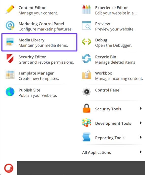 The Sitecore Desktop Start menu