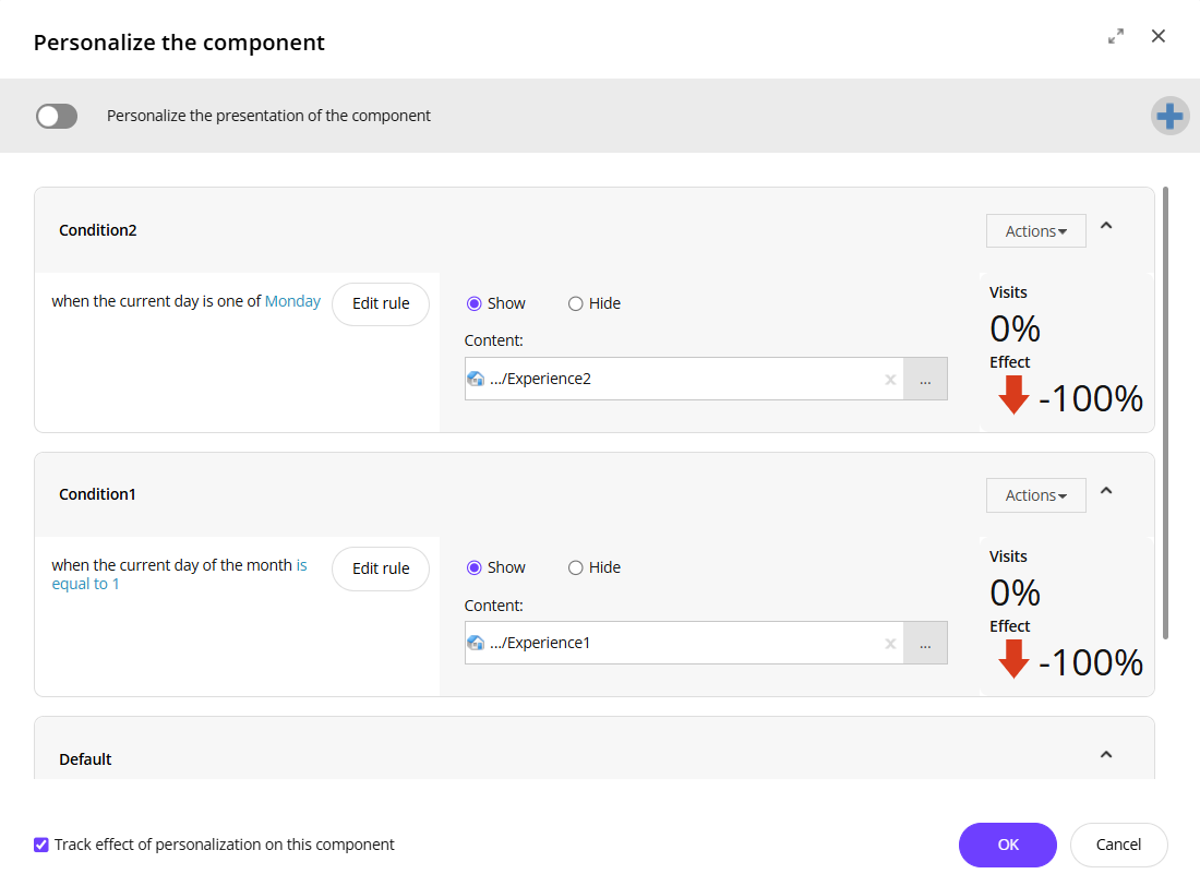 The Personalize the component dialog box with the example conditions The Personalize the component dialog box with the example conditions