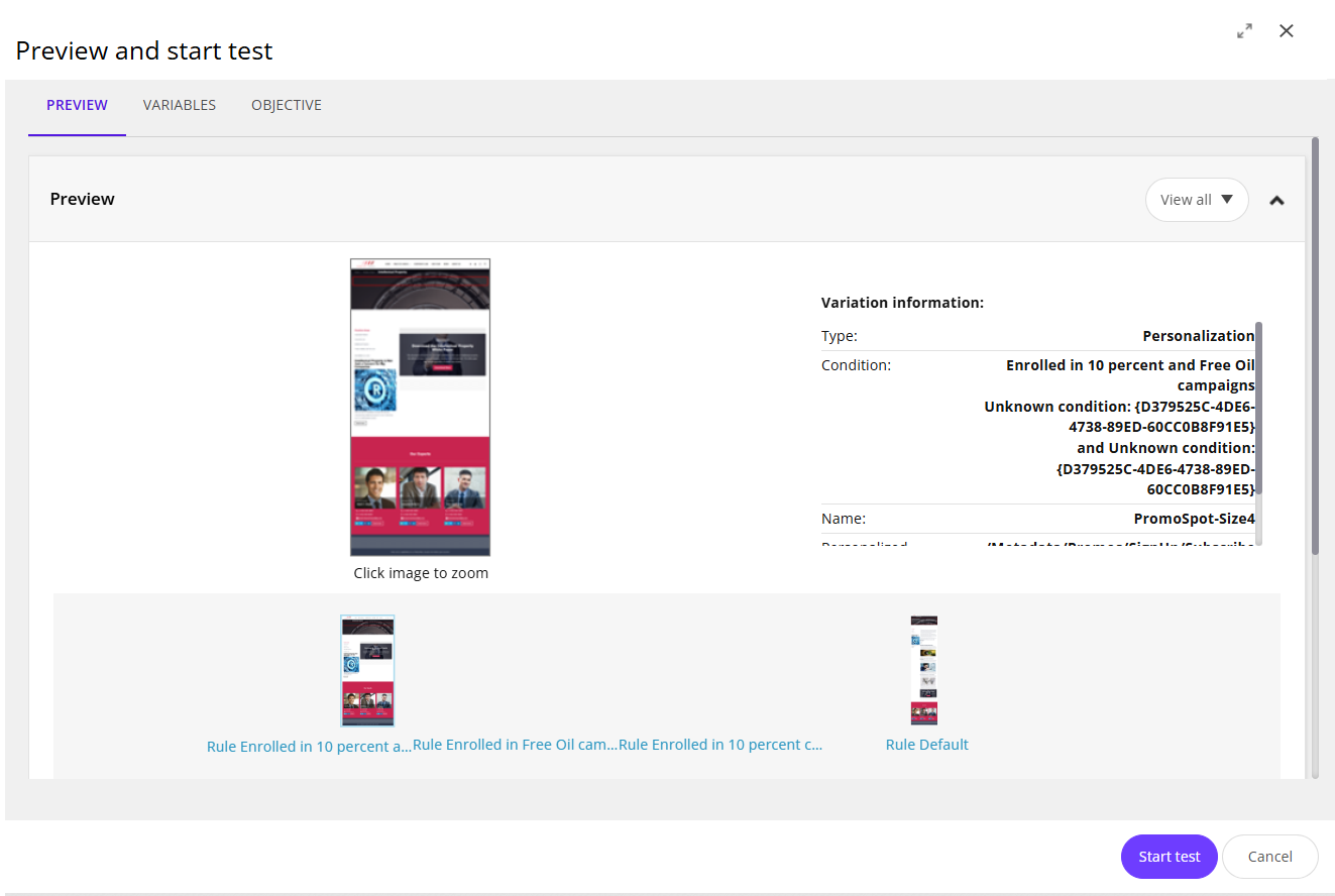 The Preview and start test dialog box