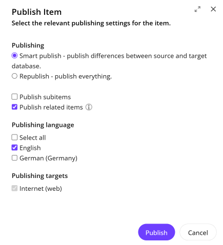 The Publish Item dialog box