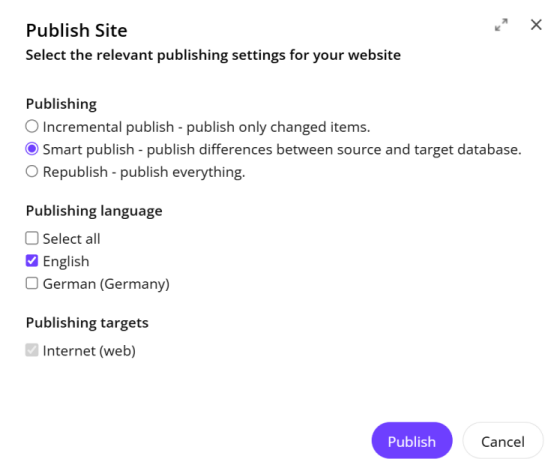 The Publish Site dialog The Publish Site dialog