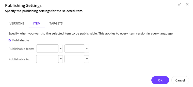 The Item tab in the Publishing Settings dialog