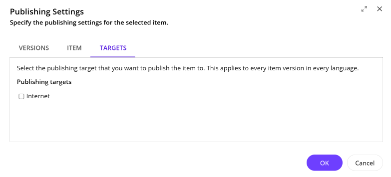 The Targets tab in the Publishing Settings dialog