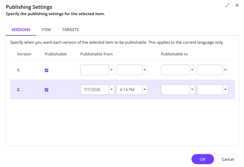 The Versions tab in the Publishing Settings dialog