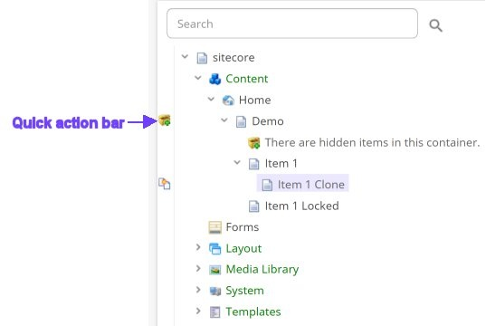 The Quick Action bar in the content tree The Quick Action bar in the content tree