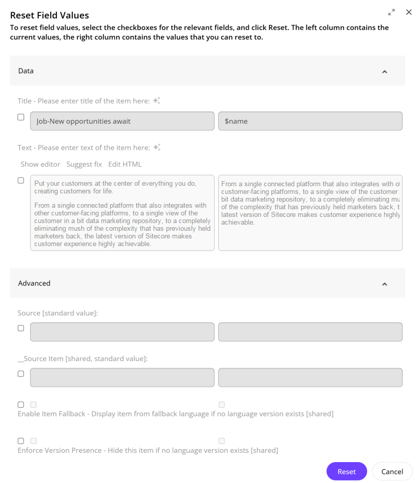 The Reset Field Values dialog