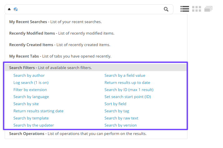 The Search tab with the list of search filters expanded. The Search tab with the list of search filters expanded.