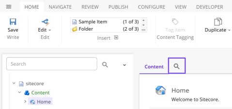 The Search icon on the Search tab in the Content Editor.