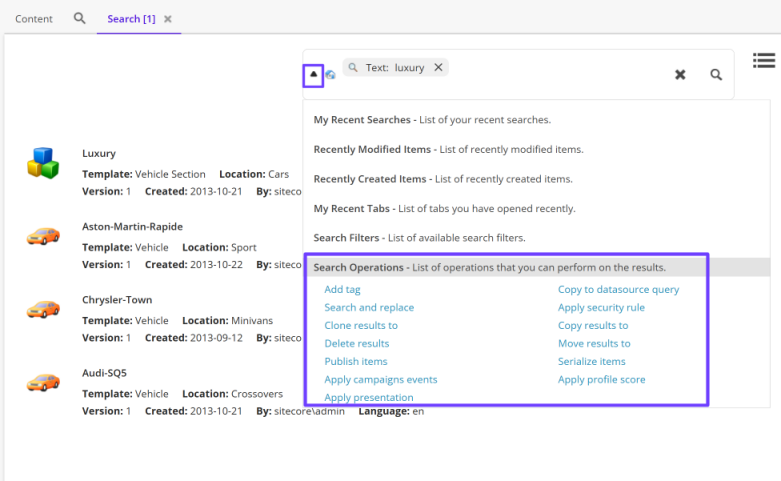 The list of search operations on the Search tab.