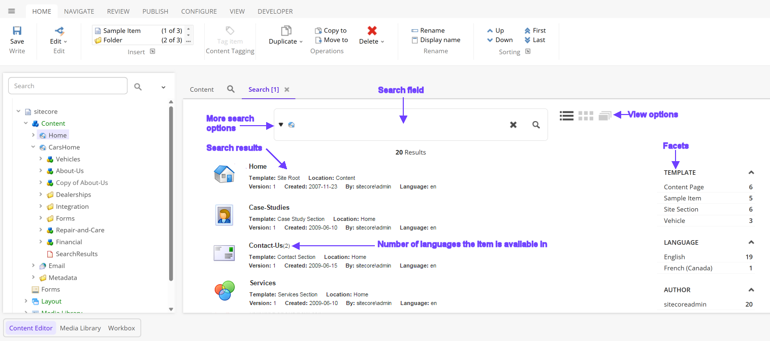 The Search tab with callouts to the search options, results, and filters. The Search tab with callouts to the search options, results, and filters.