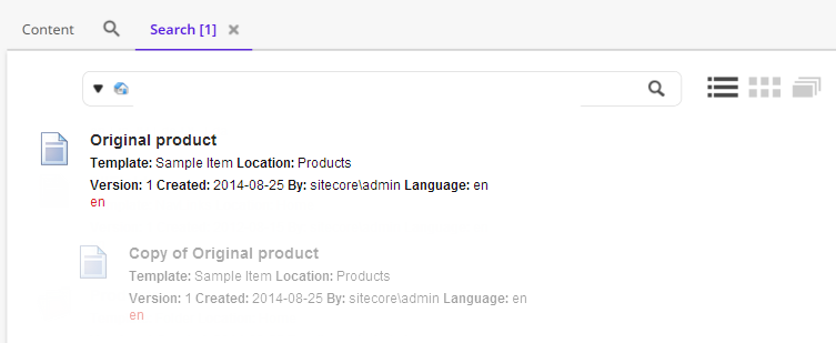 The Search results containing a clone and the original item.