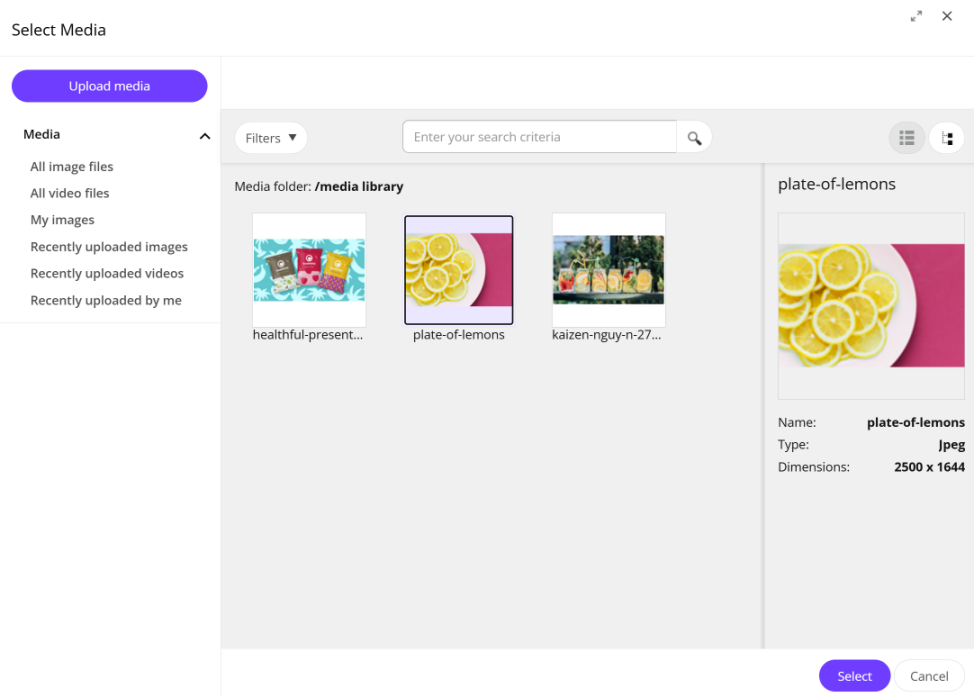 The Select Media dialog with All Image files displayed The Select Media dialog with All Image files displayed