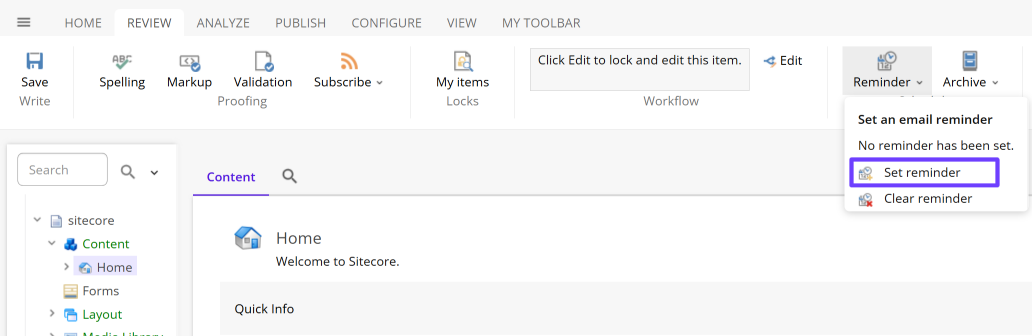 The Reminder menu on the Review ribbon. The Reminder menu on the Review ribbon.