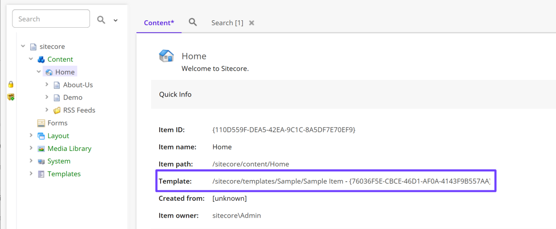 The Template field in the Content Editor The Template field in the Content Editor