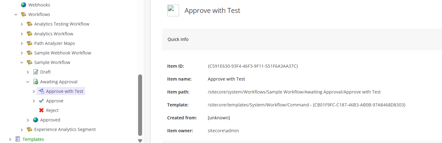 Approve with Test command in the Sample workflow