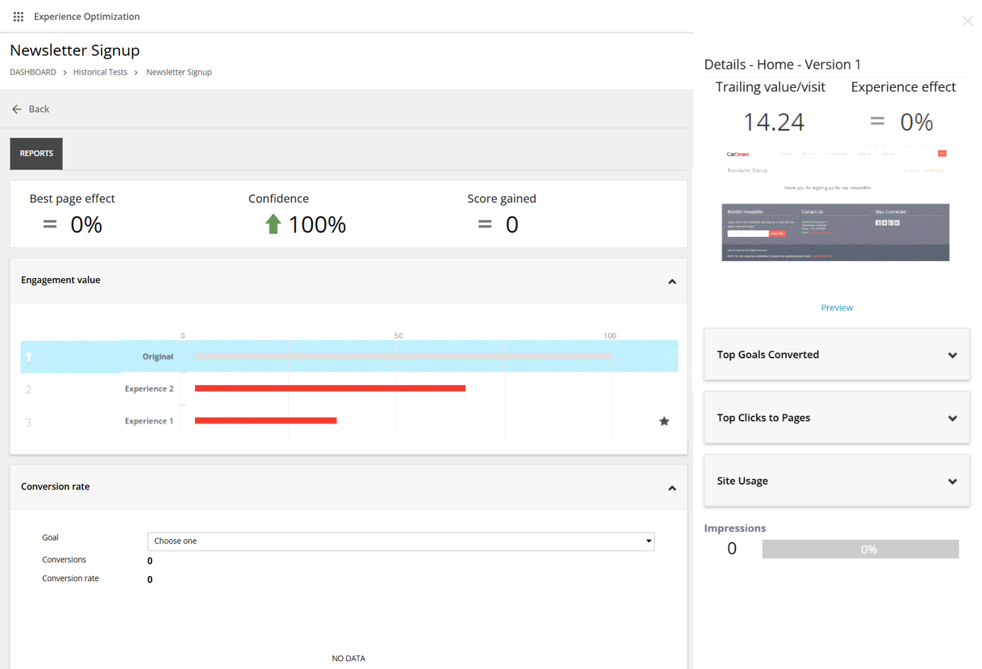 Historical test report with Engagement value details Historical test report with Engagement value details