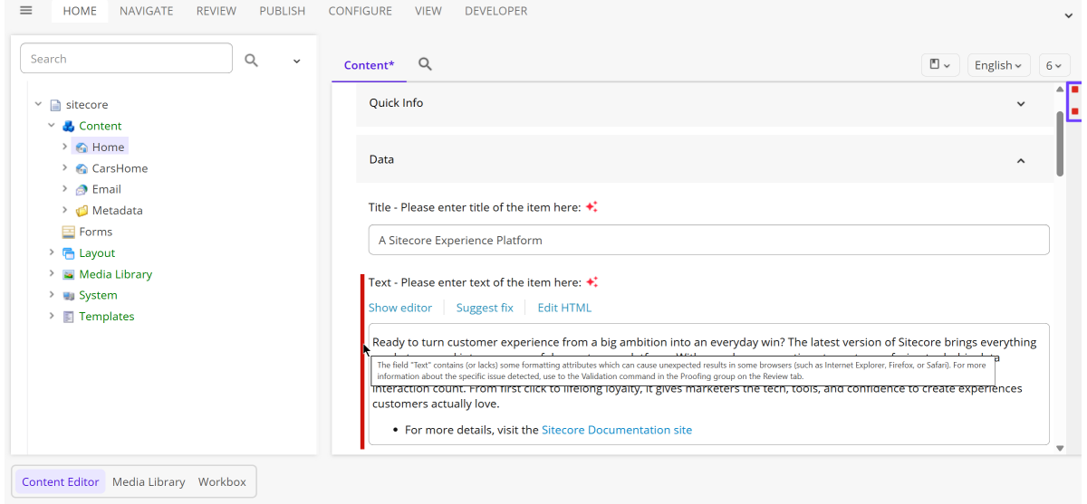 Validation errors in the Content Editor Validation errors in the Content Editor