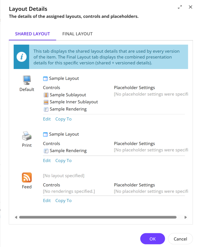 The Shared layout tab in the Layout Details dialog